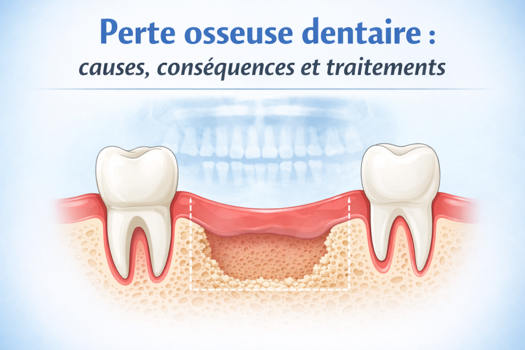 Vue schématique de la perte osseuse dentaire et de ses conséquences.