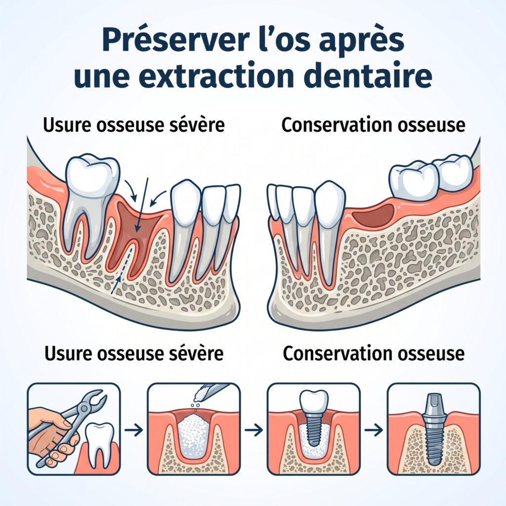 Image illustrative d'une extraction dentaire et de la préservation de l'os.
